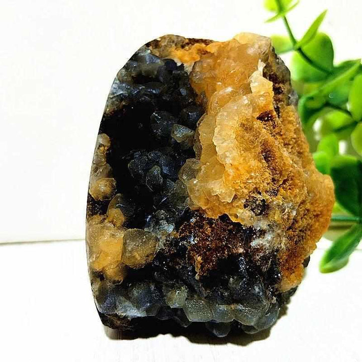 Polished Septarian freeform featuring yellow calcite and brown aragonite veins for grounding and root chakra healing.