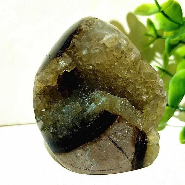 Polished Septarian freeform with yellow calcite and brown aragonite veins, perfect for root chakra grounding and decor.