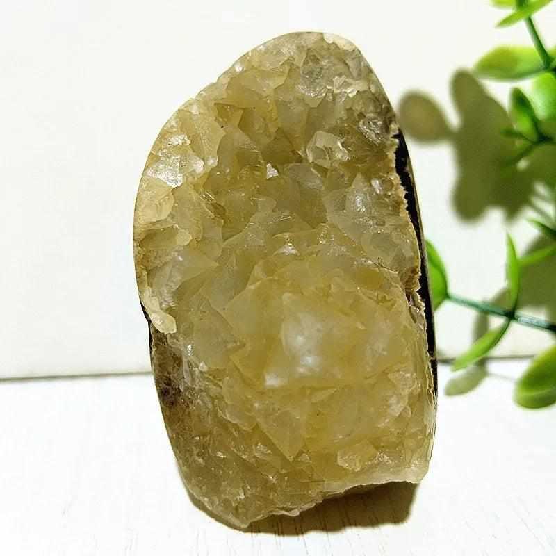 Polished Septarian freeform featuring yellow calcite crystals for grounding, perfect for root chakra meditation.
