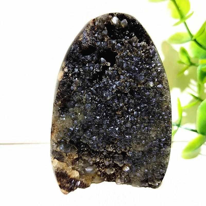 Polished Septarian freeform with sparkling dark crystals, grounding dragon stone for root chakra meditation and home decor.