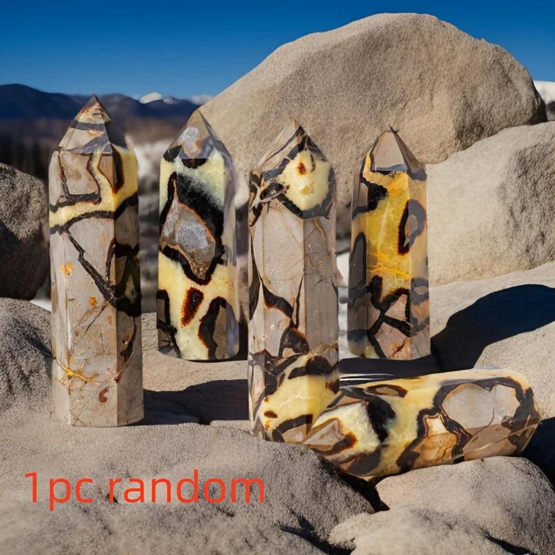 Septarian Stone Crystal Tower: Hand-polished hexagonal obelisks with warm ochre, deep chocolate, and grey calcite patterns. Grounding and stable.