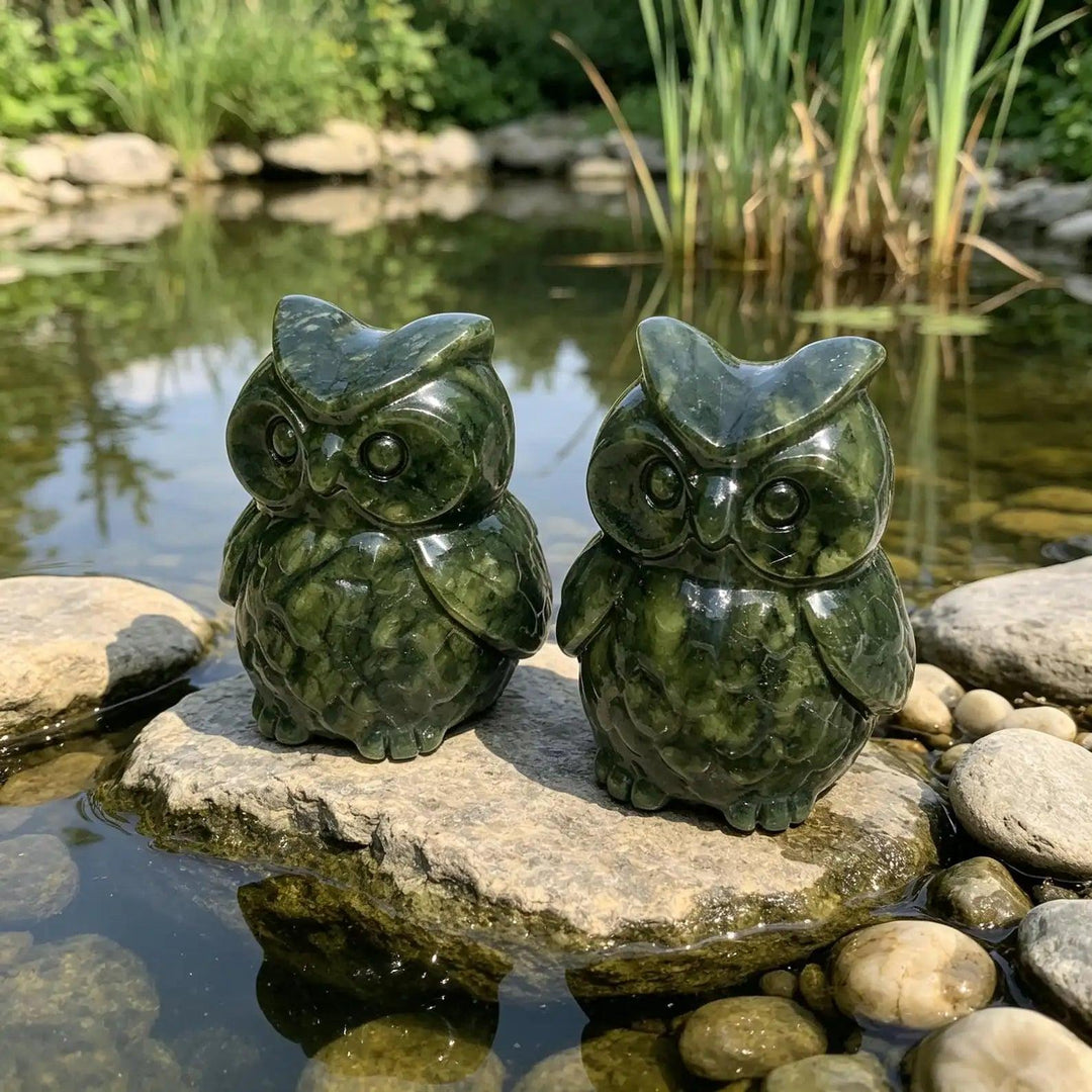 Serpentine Crystal Carved Owl Figurine