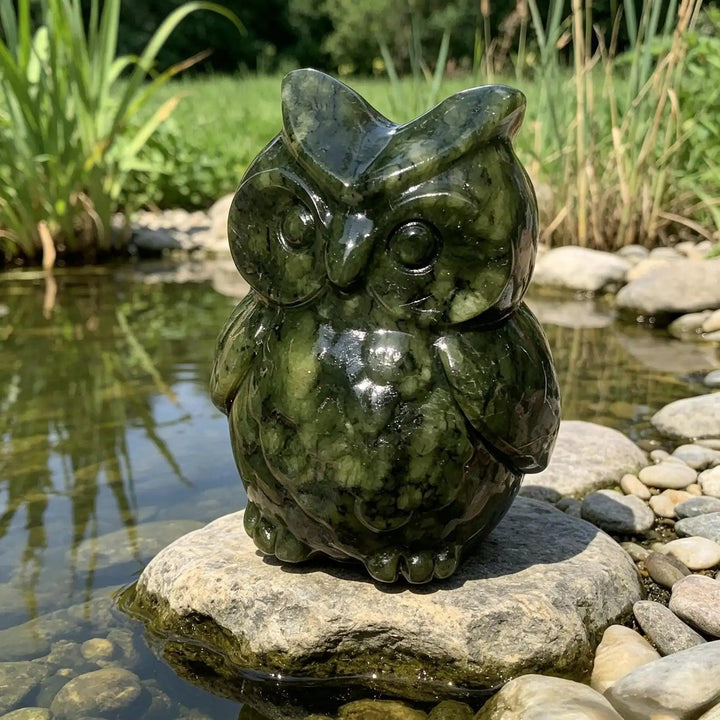 Serpentine Crystal Carved Owl Figurine