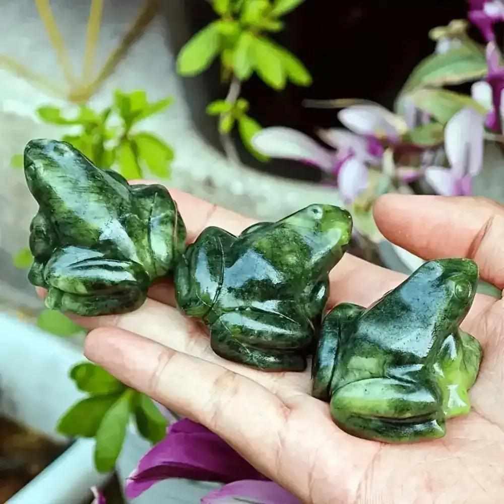 Polished green jade frog figurine with mottled stone texture, symbolizing renewal and transformation for your collection.