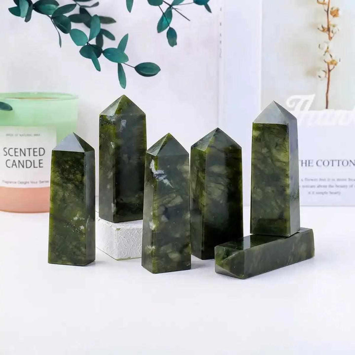 Polished Serpentine tower points in mottled olive and deep green, 70-80mm tall crystals for Heart Chakra healing and decor.