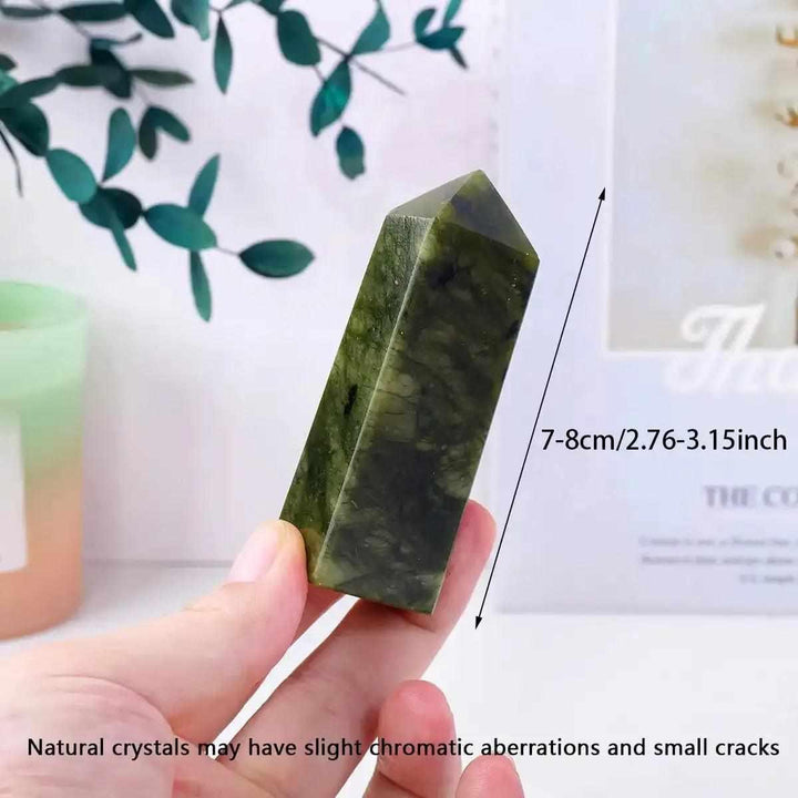 Polished Serpentine tower point, 70-80mm tall, featuring mottled olive and deep green tones for Heart Chakra meditation.