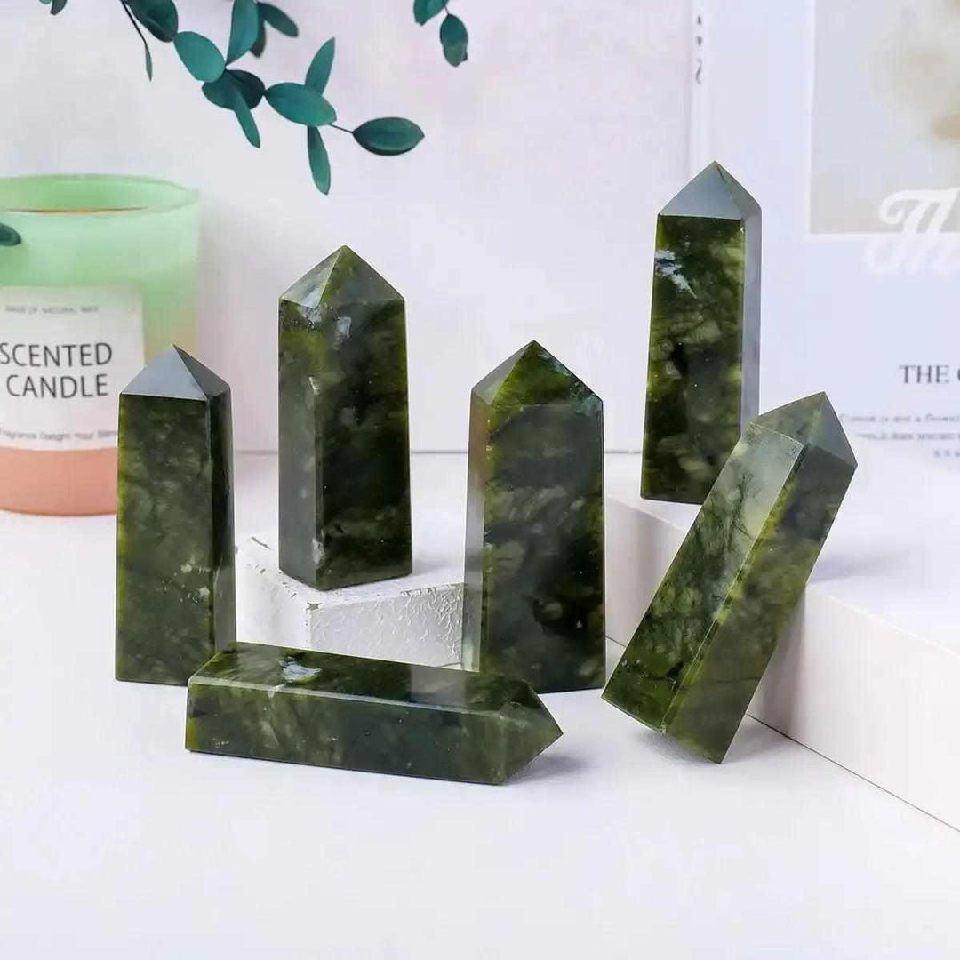 Polished Serpentine Tower Points in mottled green, 70-80mm tall crystals for Heart Chakra focus and personal growth.