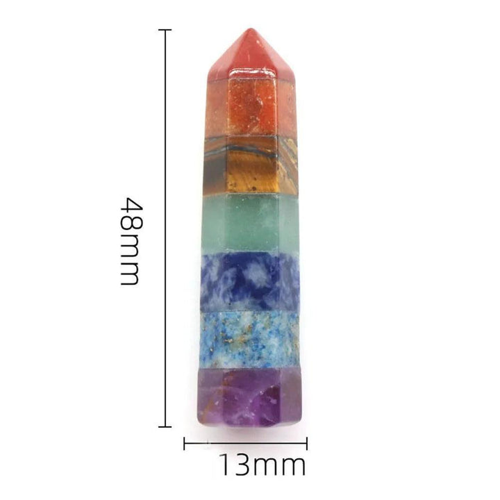 Polished 48mm Seven Chakra Crystal Fused Stone Collection wand, featuring vibrant layers of natural healing crystals.