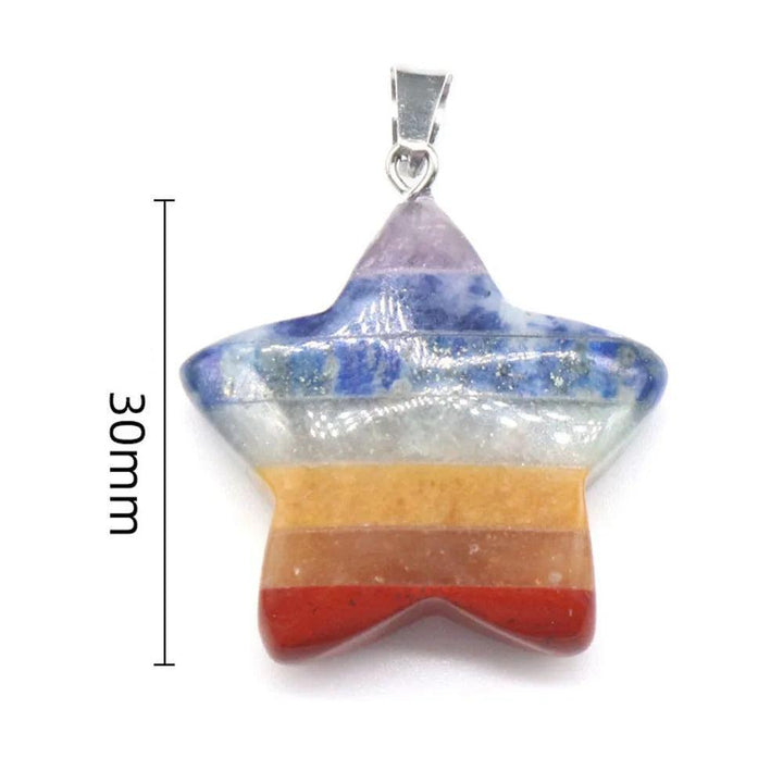 Polished 30mm star-shaped Seven Chakra Crystal Fused pendant with seven vibrant natural stone layers for energy work.