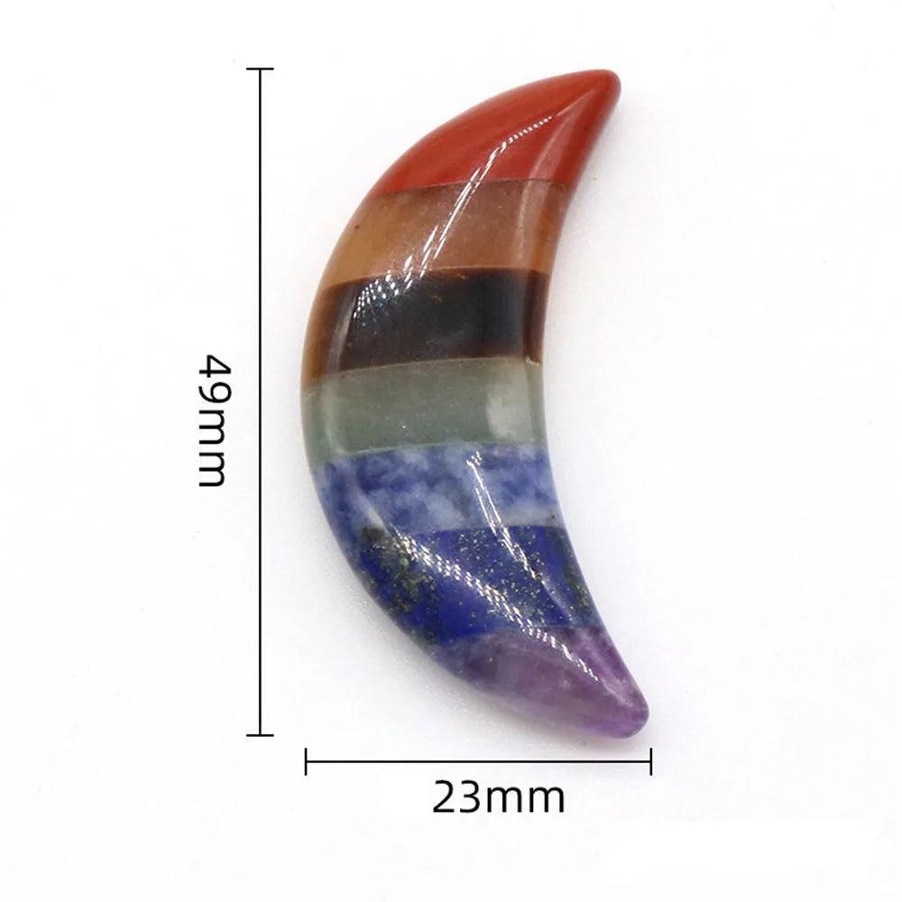 Polished 49mm Seven Chakra Crystal Fused Moon, showcasing Red Jasper to Amethyst for energy work.