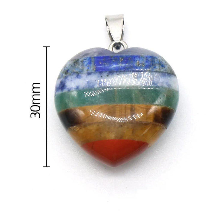 30mm heart-shaped Seven Chakra Crystal Fused Polished Stone Collection pendant, showcasing seven bonded natural crystal layers.