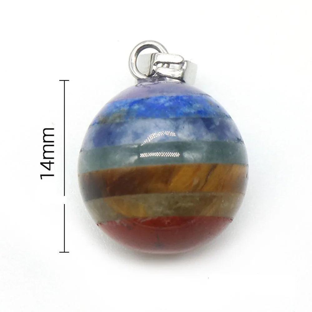 14mm Seven Chakra Crystal Fused Polished Stone Collection spherical pendant with vibrant bonded layers for energy work.