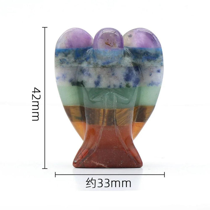 Seven Chakra Crystal Fused Polished Stone Collection: Angel pendant, 42mm tall, with vibrant layers of Red Jasper, Tiger Eye, Aventurine, Sodalite, Lapis Lazuli, and Amethyst for balanced energy.