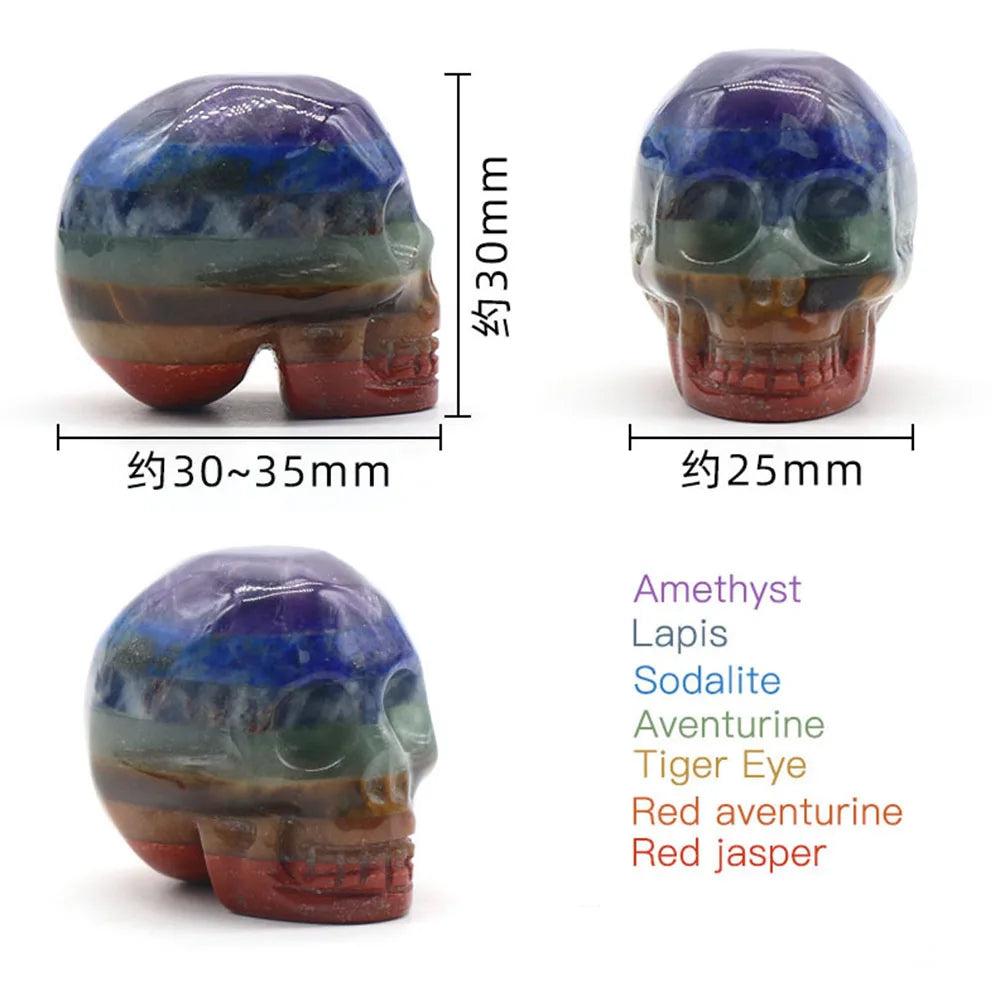 Polished Seven Chakra Crystal Fused Skull, 30mm, featuring Red Jasper, Tiger Eye, Sodalite, Lapis, and Amethyst.