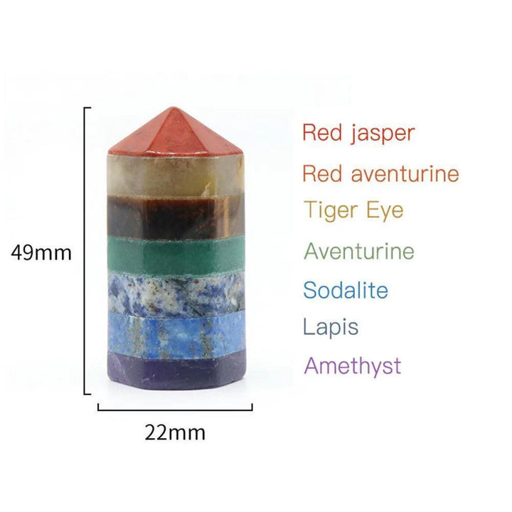 Seven Chakra Crystal Fused Polished Stone Collection: 49mm pyramid with vibrant layers of Red Jasper, Tiger Eye, Lapis, and Amethyst.
