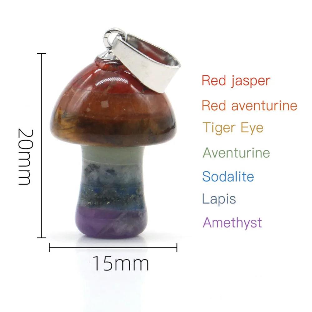 Seven Chakra Crystal Fused Polished Stone Collection, a 20mm mushroom pendant with Red Jasper, Tiger Eye, and Amethyst.