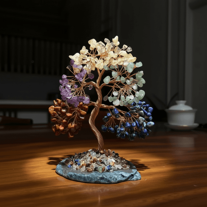 Handcrafted Vintage Gemstone 7 Chakras Bonsai Tree Crystal with mixed healing stones on a blue base.