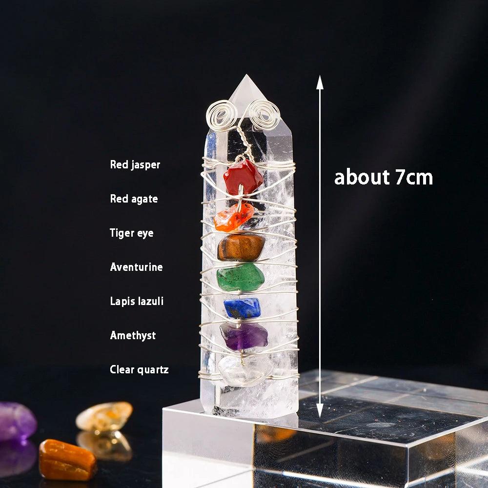 Clear quartz tower with seven chakra crystal chips (red jasper to amethyst) wrapped in silver wire, about 7cm tall.
