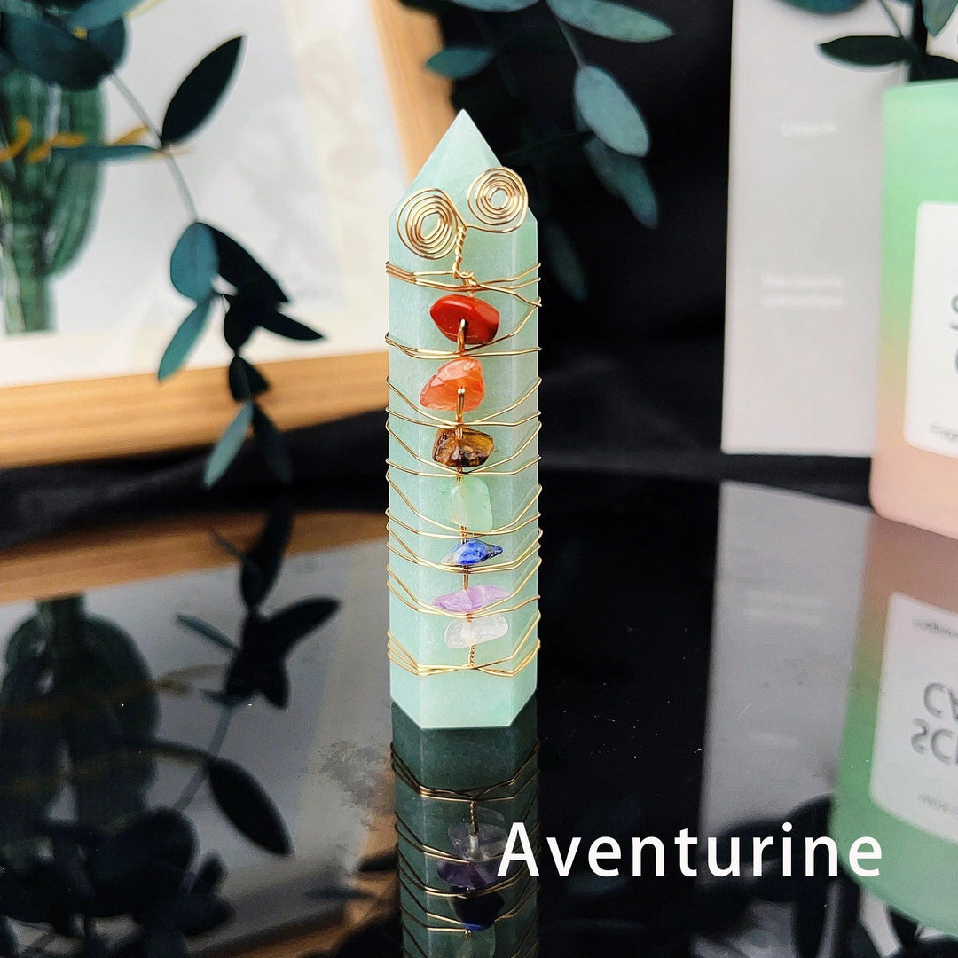 Green aventurine crystal tower with copper wire wrapped seven chakra chips.