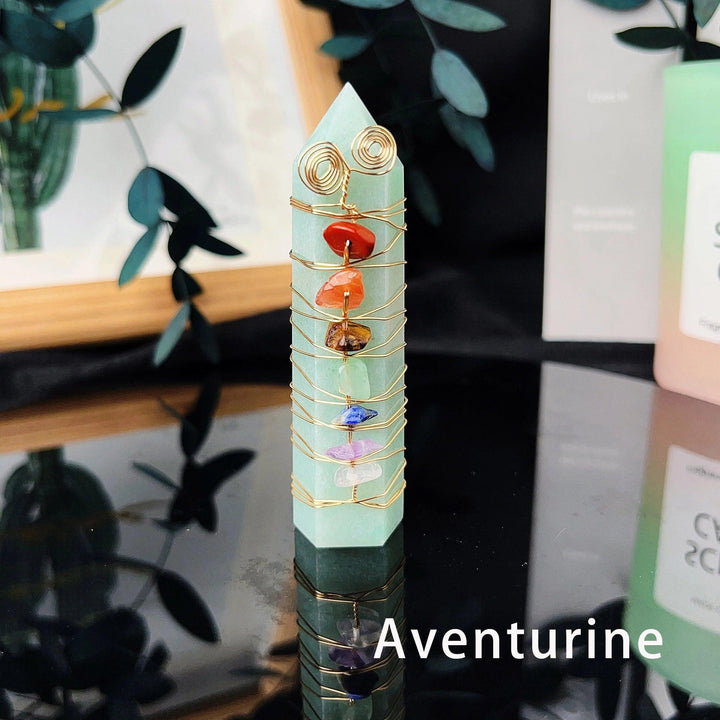 Green aventurine crystal tower with copper wire wrapped seven chakra chips.