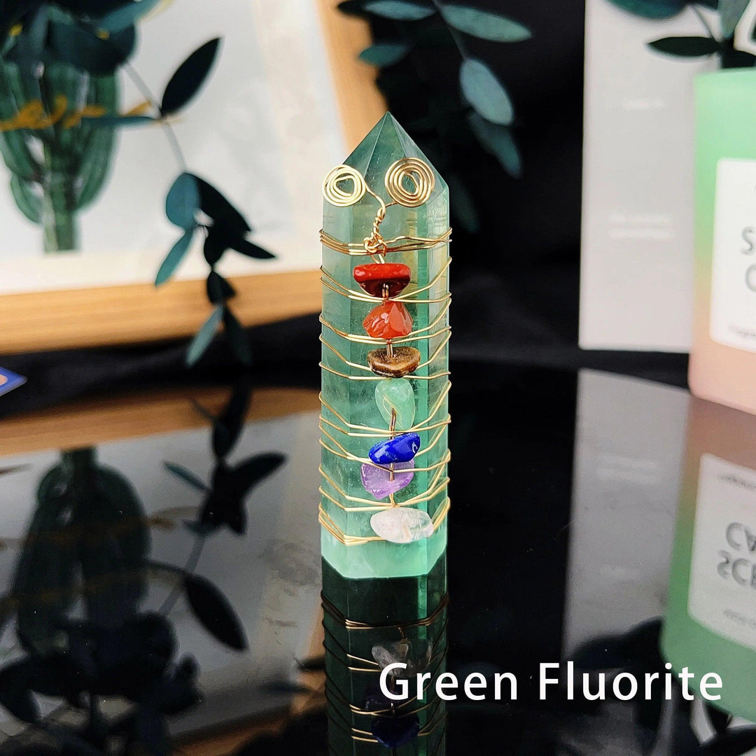 Green Fluorite crystal tower with copper wire winding and seven chakra chips.