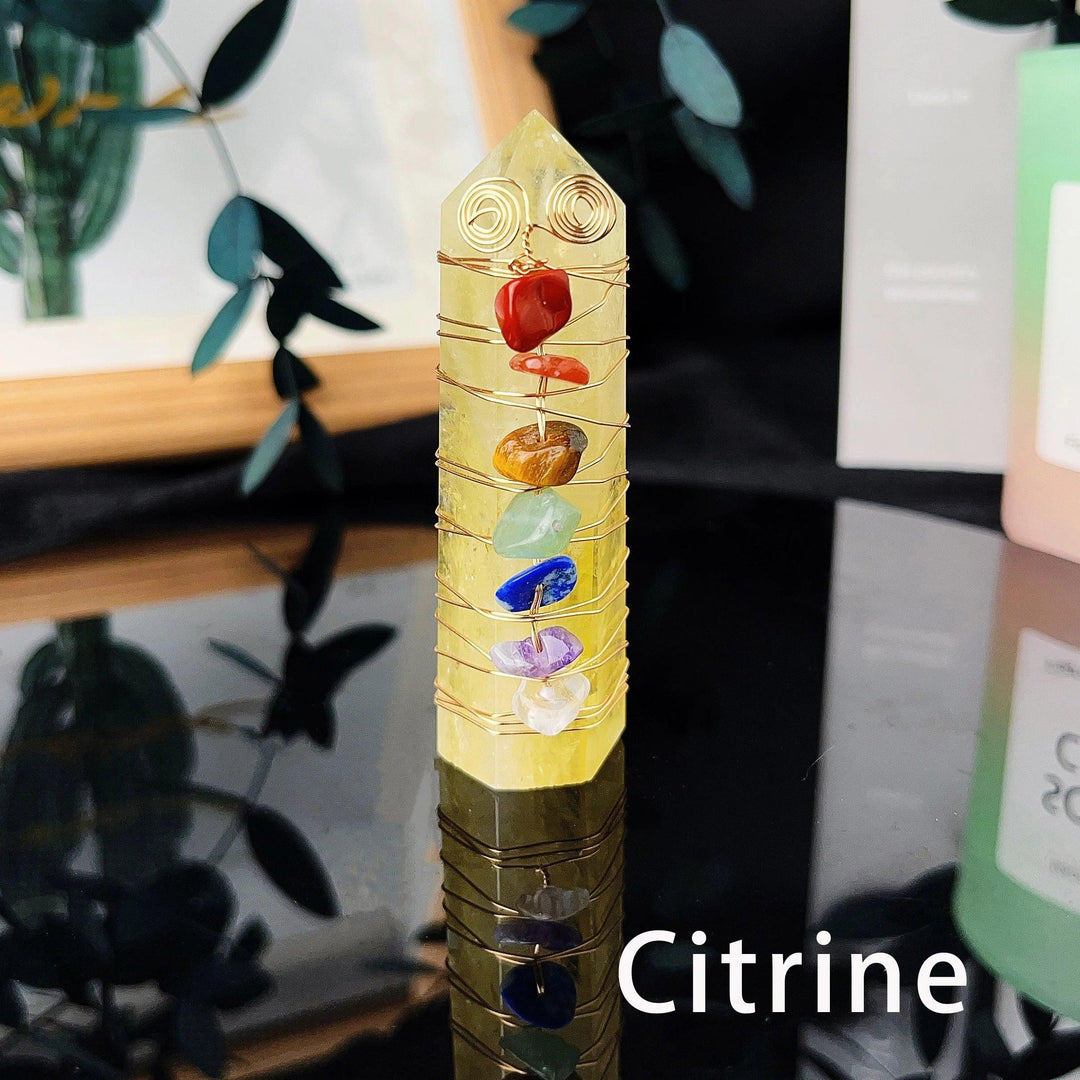Yellow Citrine crystal tower wrapped with copper wire and seven chakra gemstone chips.