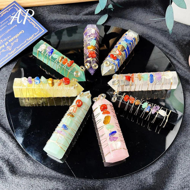 Seven chakra crystal chips copper wire wrapped Rose Quartz, Amethyst, and other gemstone towers.