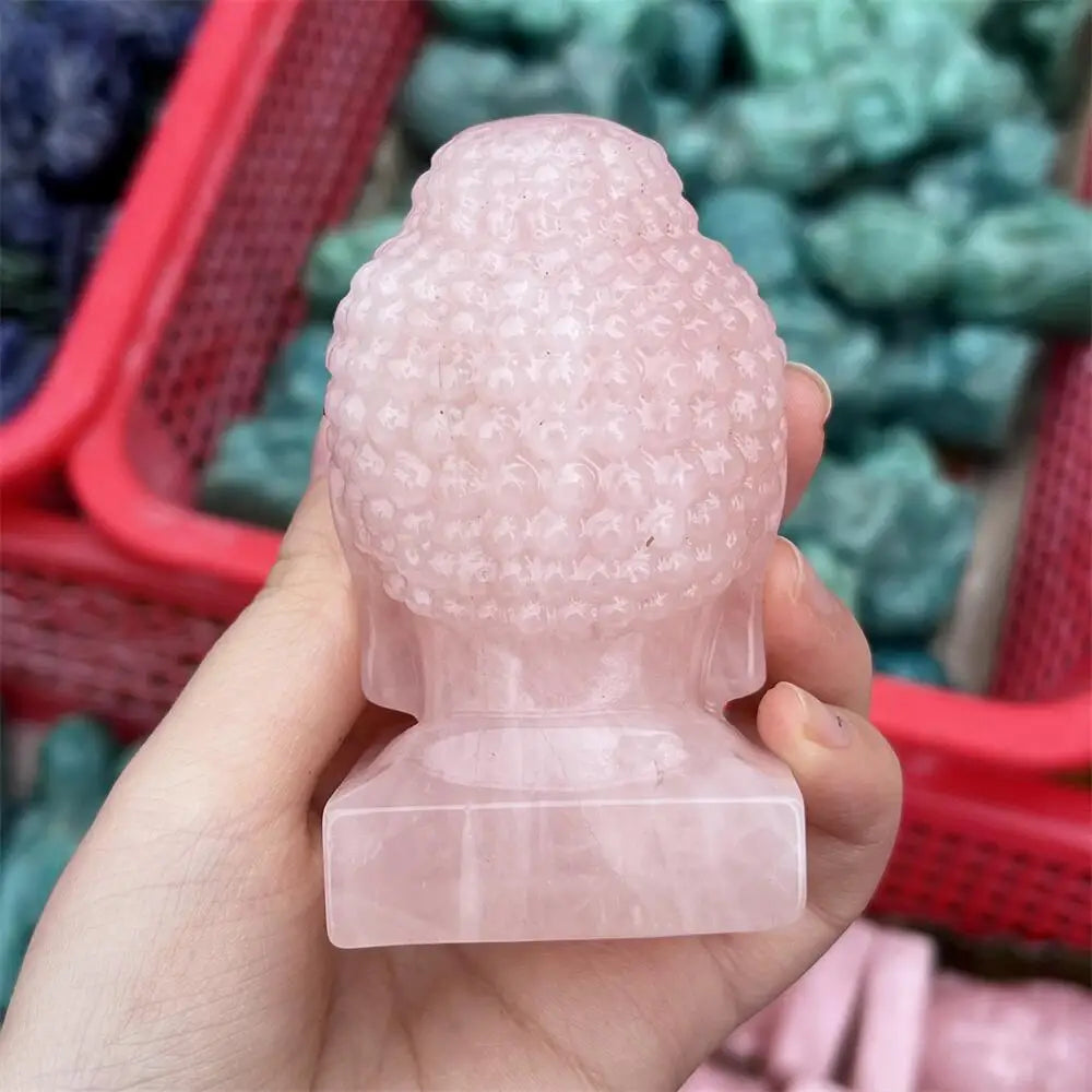 Rose Quartz Crystal Carved Buddha Head Statue Figure