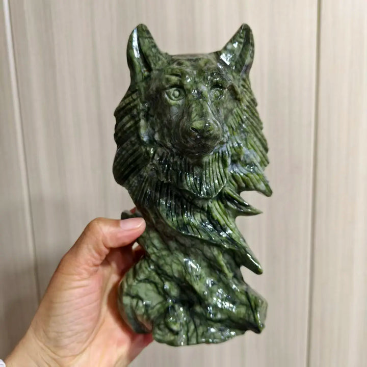 Serpentine Crystal Carved Wolf Head Collector Piece