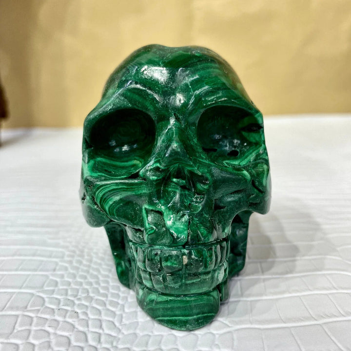Malachite Crystal Carved Skull with Natural Green Banding