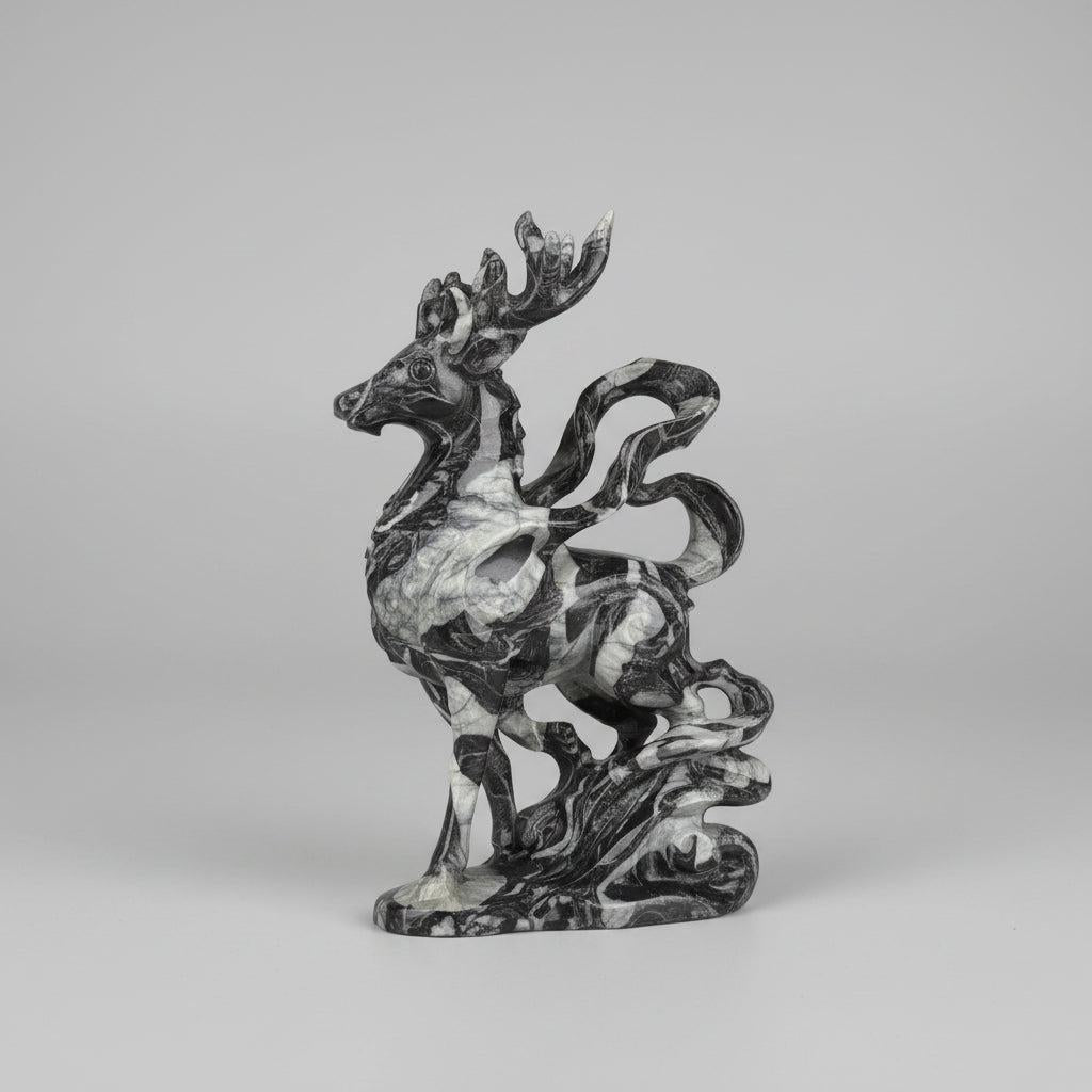 Polished 120mm shell stone deer figurine with black and white organic patterns for healing and peaceful meditation.