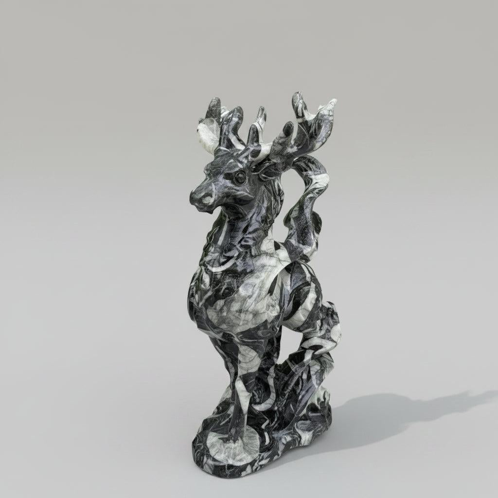 120mm polished shell stone deer figurine with black and white organic patterns for healing and tranquility.