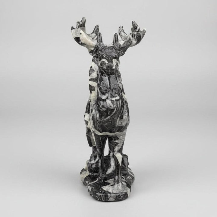 Polished 120mm shell stone deer figurine with organic black and white patterns for healing and peaceful meditation.