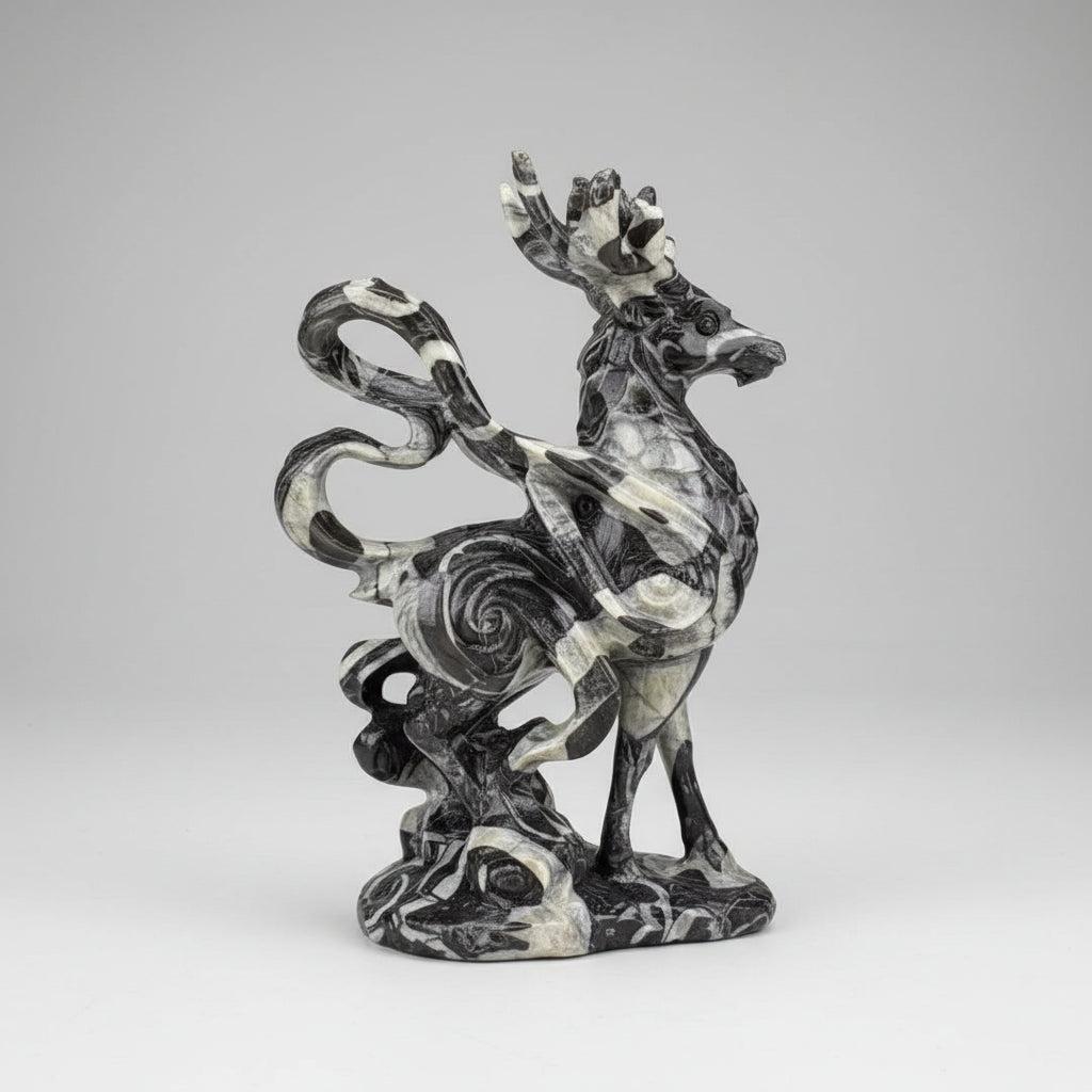 Polished 120mm shell stone deer figurine with organic black and white patterns for healing and peaceful meditation.