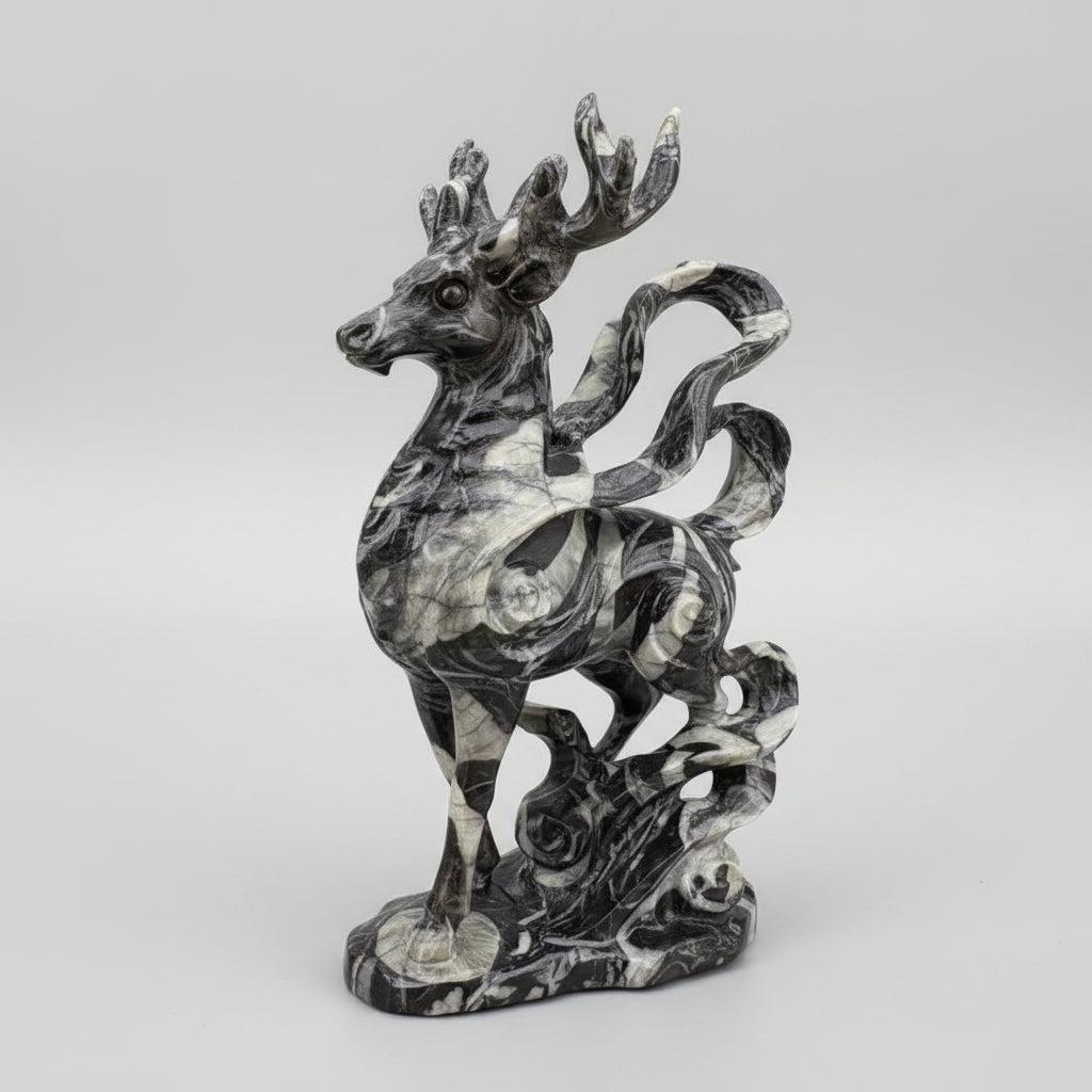 120mm polished shell stone deer figurine with organic black and white patterns for healing and peaceful meditation.