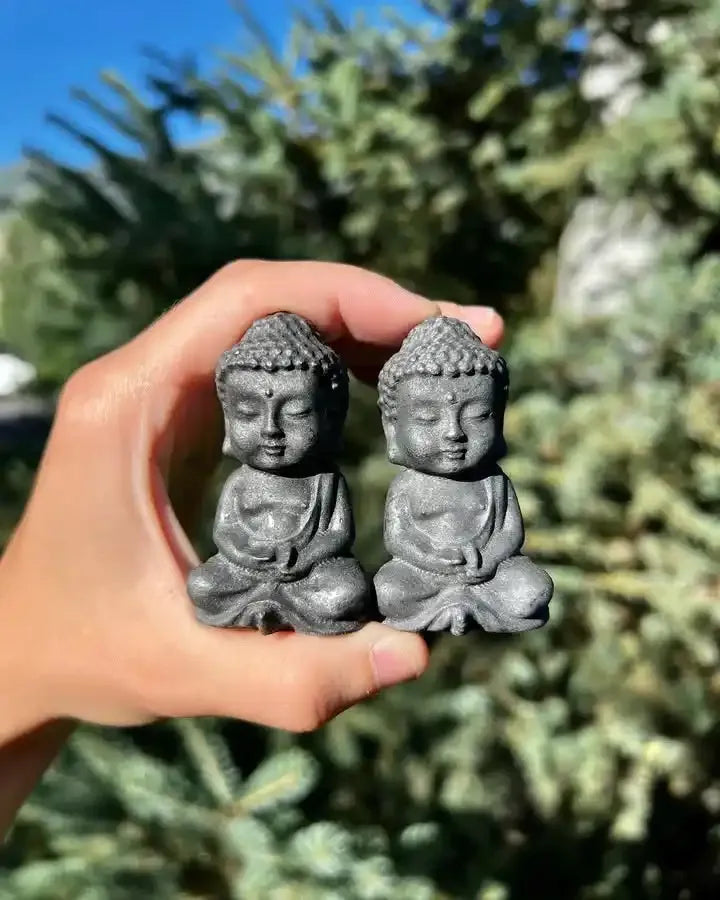 Two 80mm Shungite Buddha carvings with detailed robes, perfect for grounding and Root Chakra meditation.