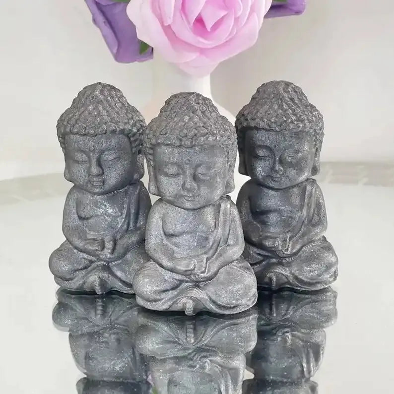 80mm seated Shungite Buddha carving in matte black, perfect for Root Chakra grounding and peaceful meditation.