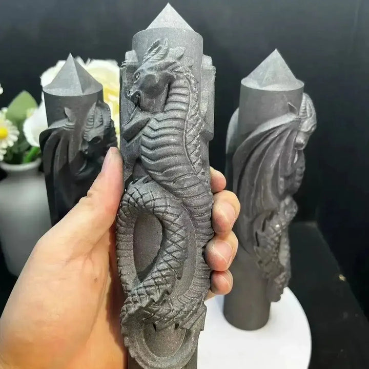 Shungite Carved Dragon or Phoenix Tower-Towers-Ali-Shungite Dragon-110mm-Crystal Destiny