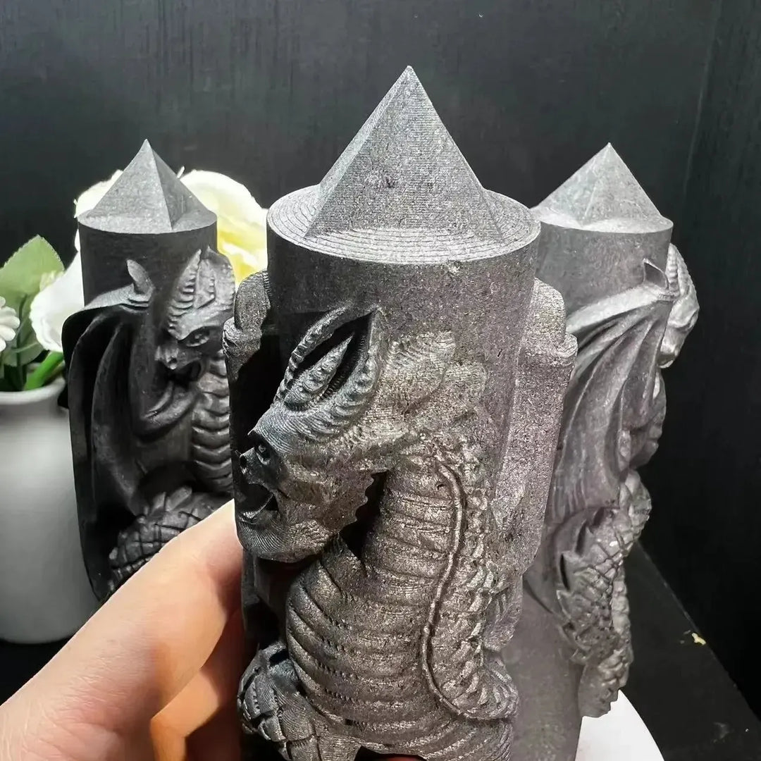 Shungite Carved Dragon or Phoenix Tower-Towers-Ali-Shungite Dragon-110mm-Crystal Destiny