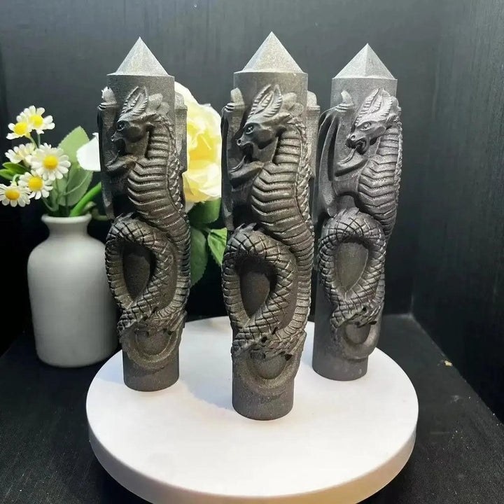 Shungite Carved Dragon or Phoenix Tower