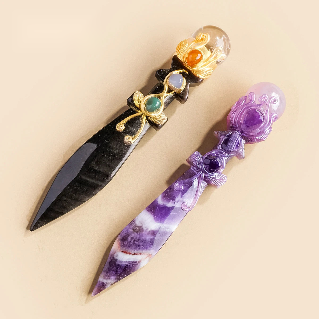 Silver Obsidian Crystal Athame Knife
