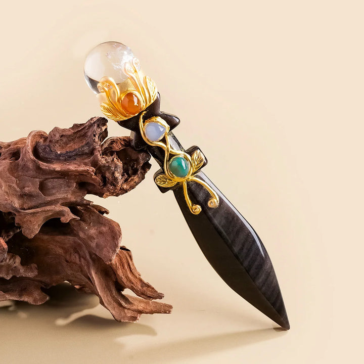 Silver Obsidian Crystal Athame Knife