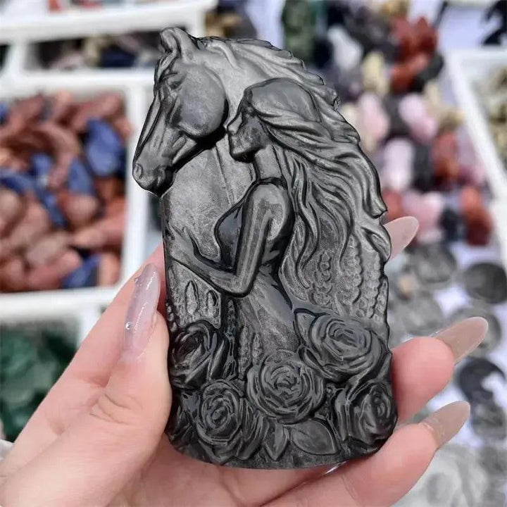 Silver Obsidian Horse & Woman Statue | Crystal Carving