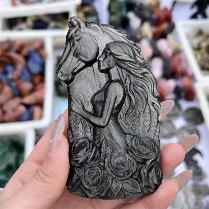 Silver Obsidian Horse & Woman Statue | Crystal Carving