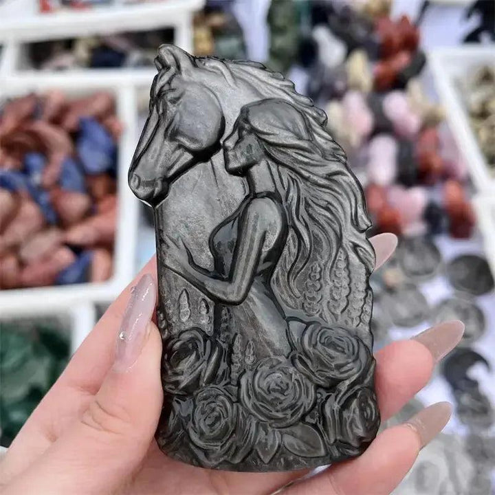 Silver Obsidian Horse & Woman Statue | Crystal Carving