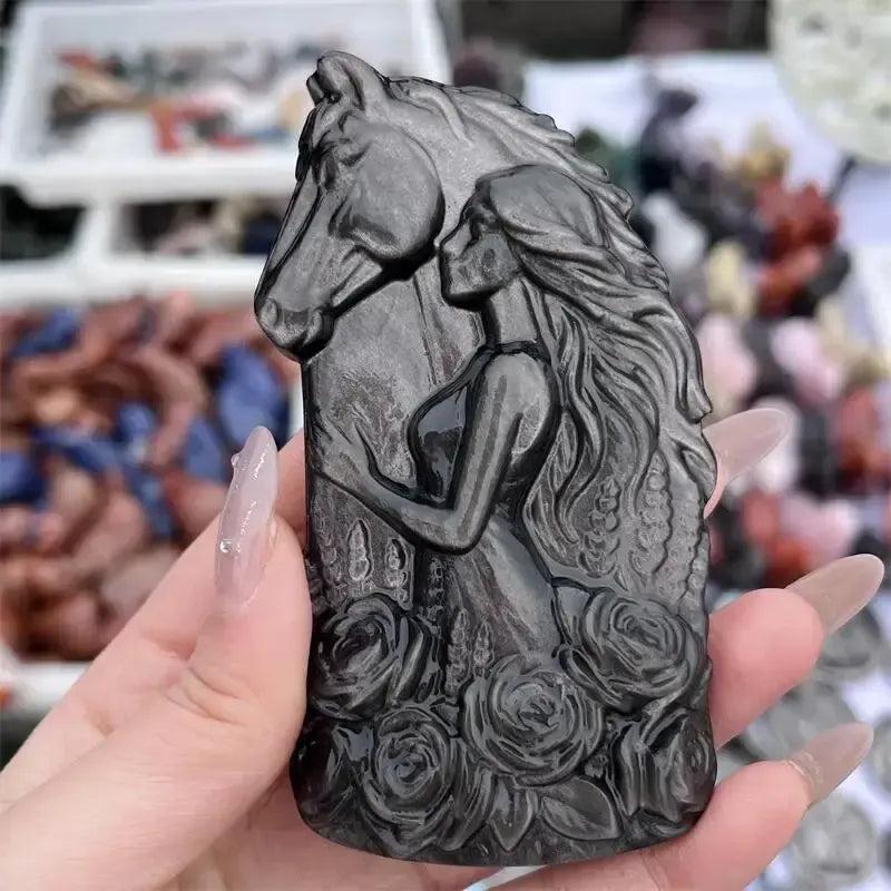 Silver Obsidian Horse & Woman Statue | Crystal Carving