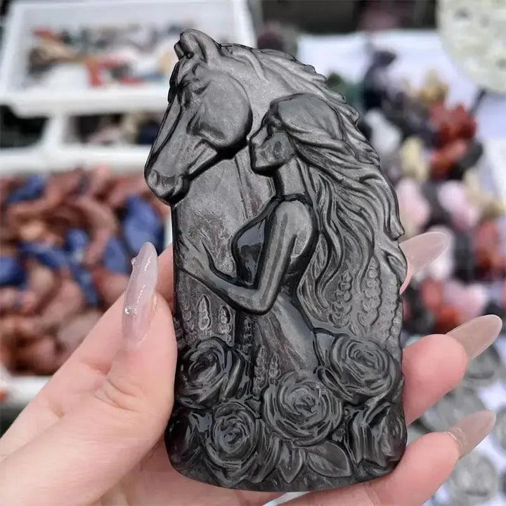 Silver Obsidian Horse & Woman Statue | Crystal Carving