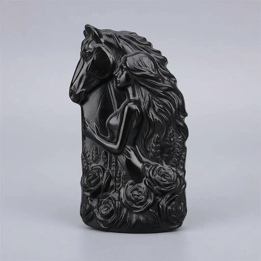 Silver Obsidian Horse & Woman Statue | Crystal Carving