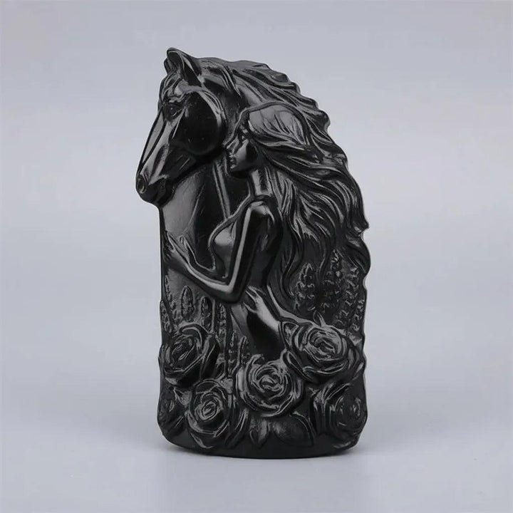 Silver Obsidian Horse & Woman Statue | Crystal Carving