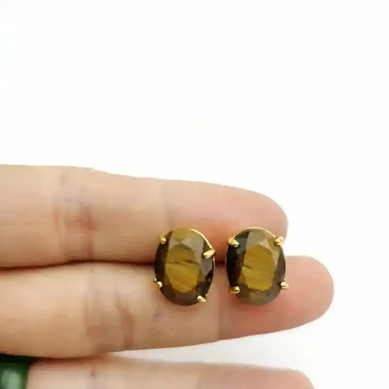 Silver Oval Stud Earrings with Gemstones-Earrings-Ali-Tiger’s Eye-Crystal Destiny